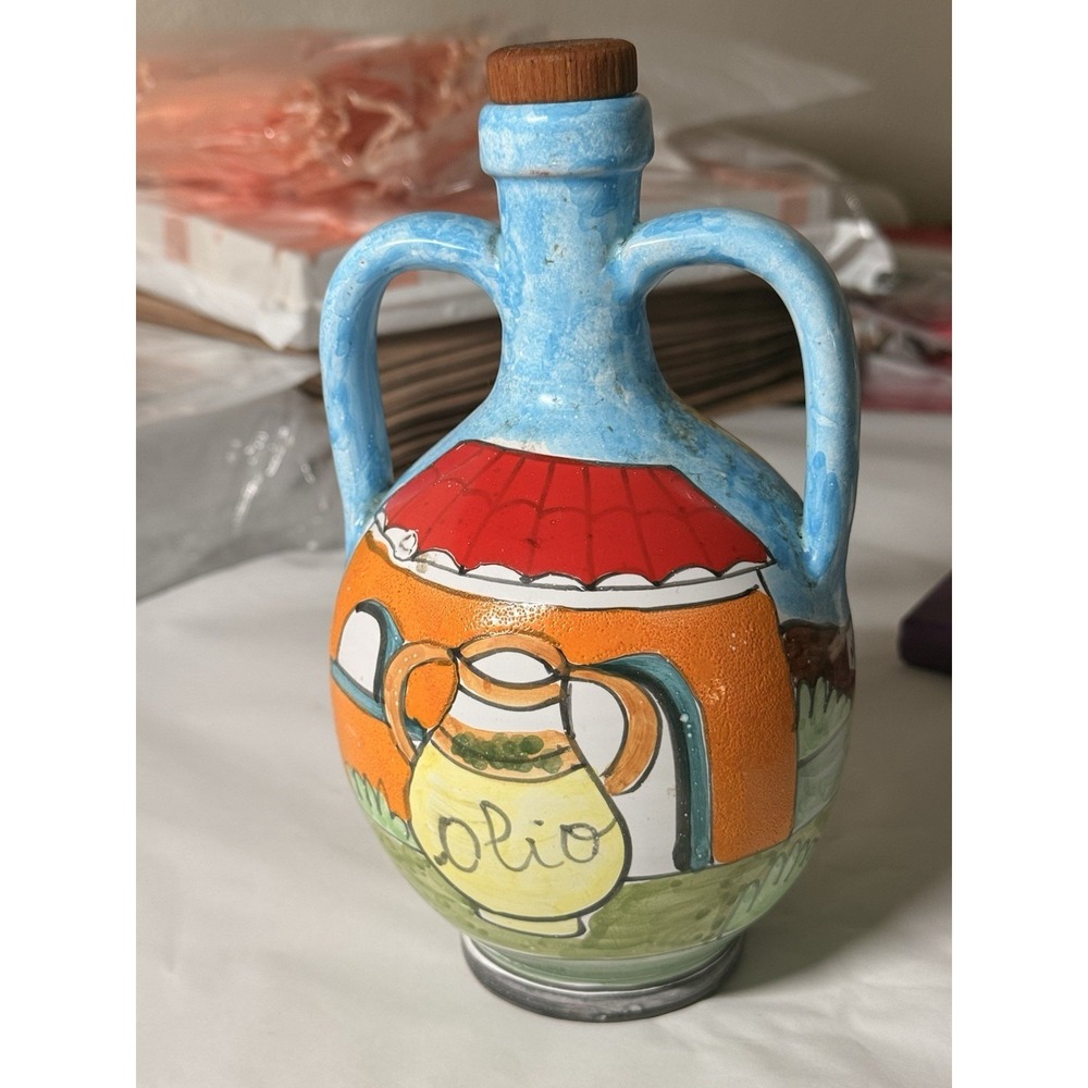 Nino Parrucca Hand Painted OLIO Oil Jar Vintage, Signed Pottery, Made in Italy